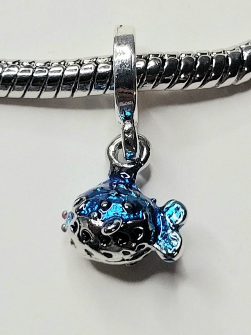 NWT Puffer Fish Silver And Blue Metal Dangle Charm For Pandora Bracelets